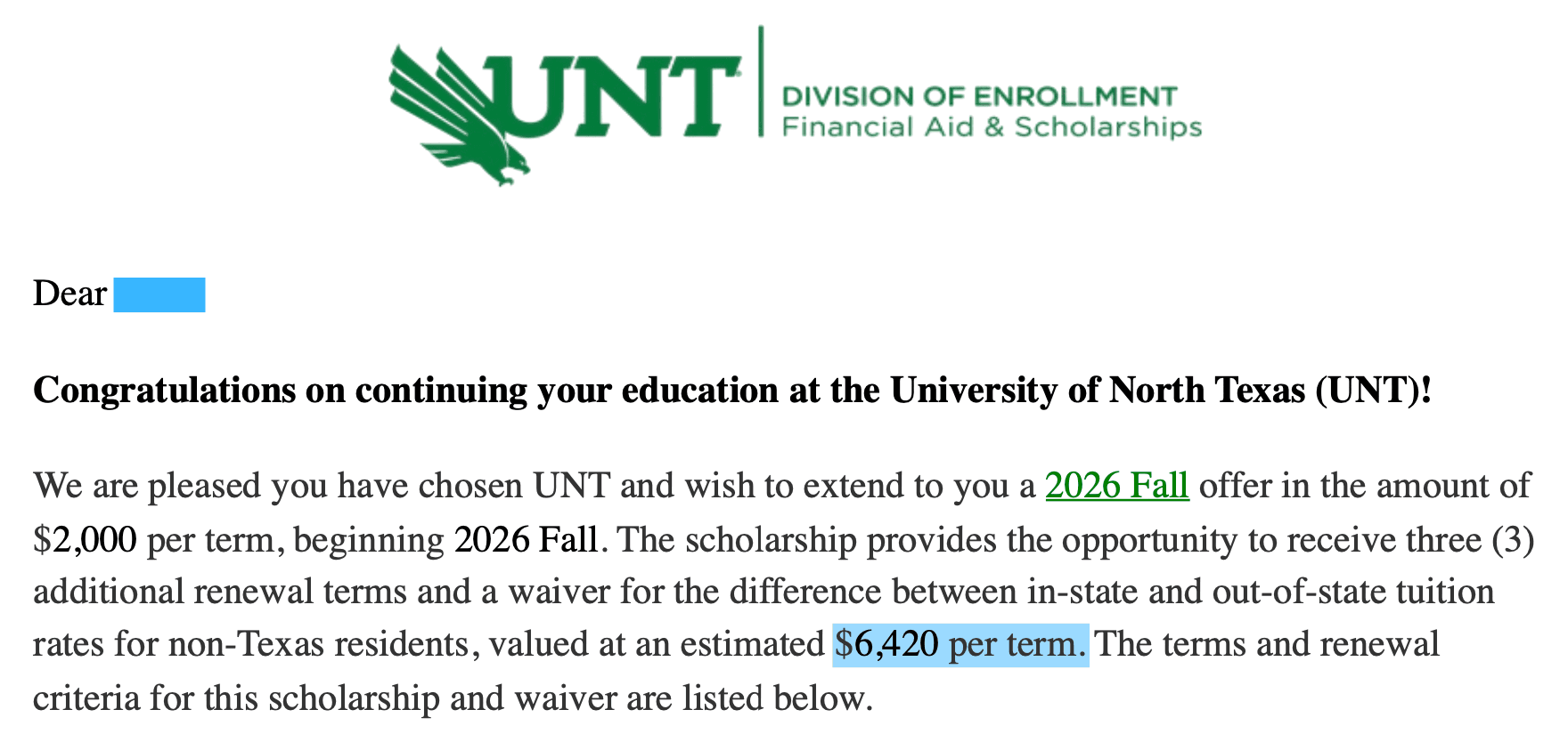 R さん North Texas (UNT) 奨学金