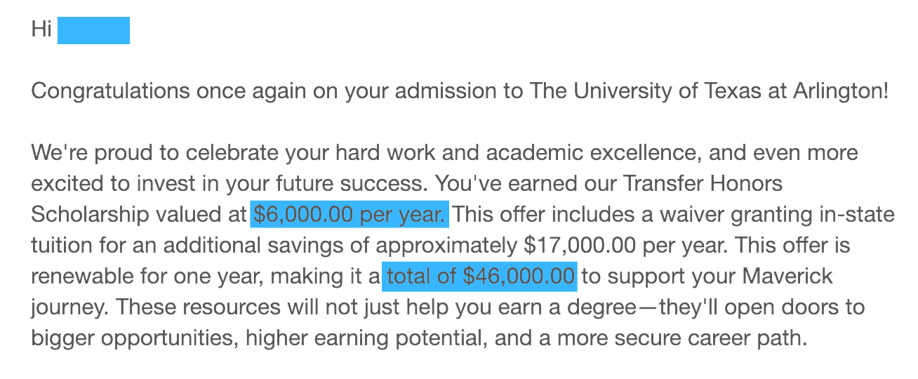 R さん UT Arlington 奨学金